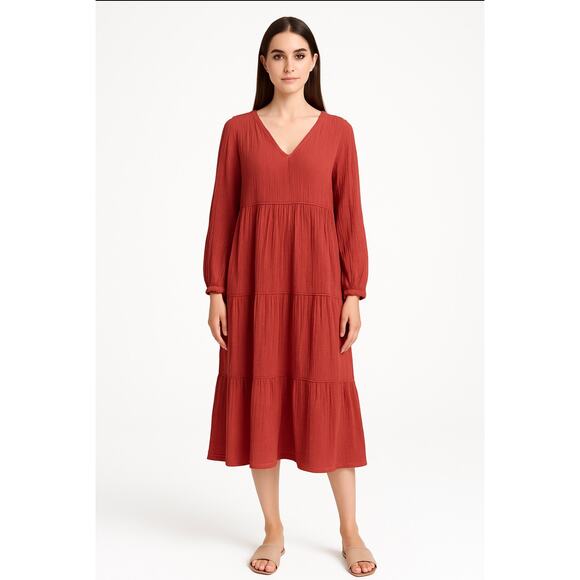 Tiered Gauze Midi Dress Wonderly M Boho Prairiecore Cottagecore Ecclectic (2991) - Picture 2 of 10